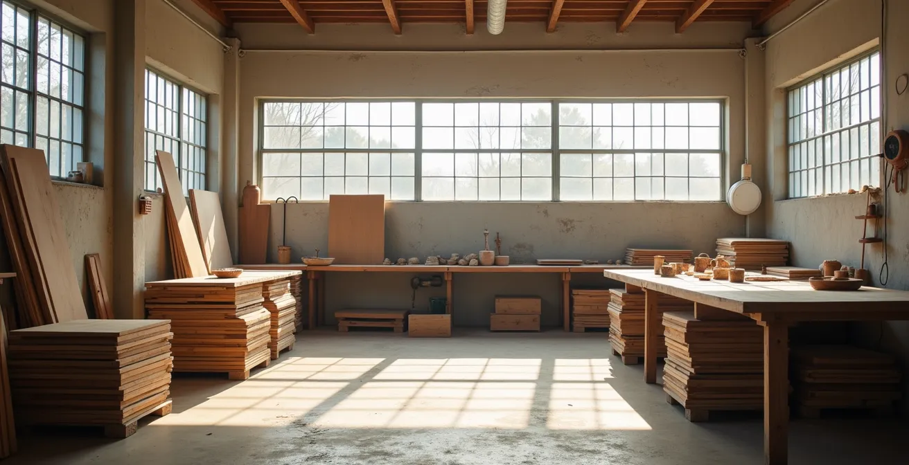 Atelier de fabrication artisanale avec matériaux naturels et outils traditionnels