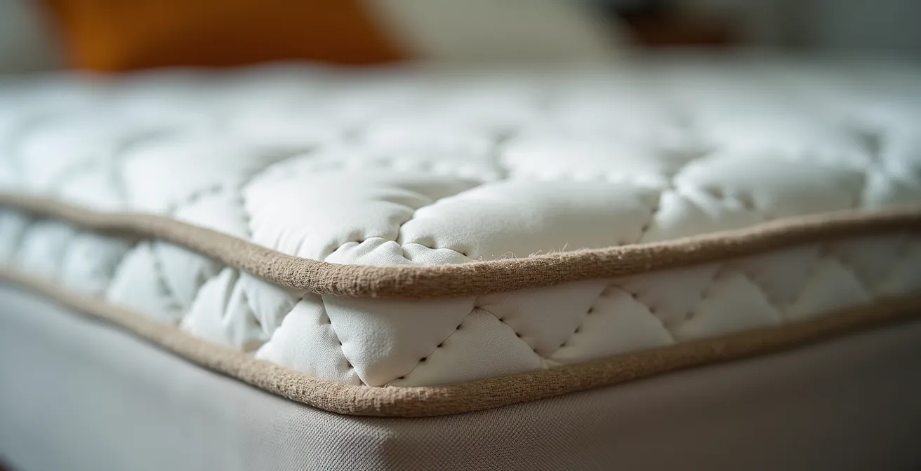 Gros plan sur les finitions artisanales d'un matelas français avec textures naturelles