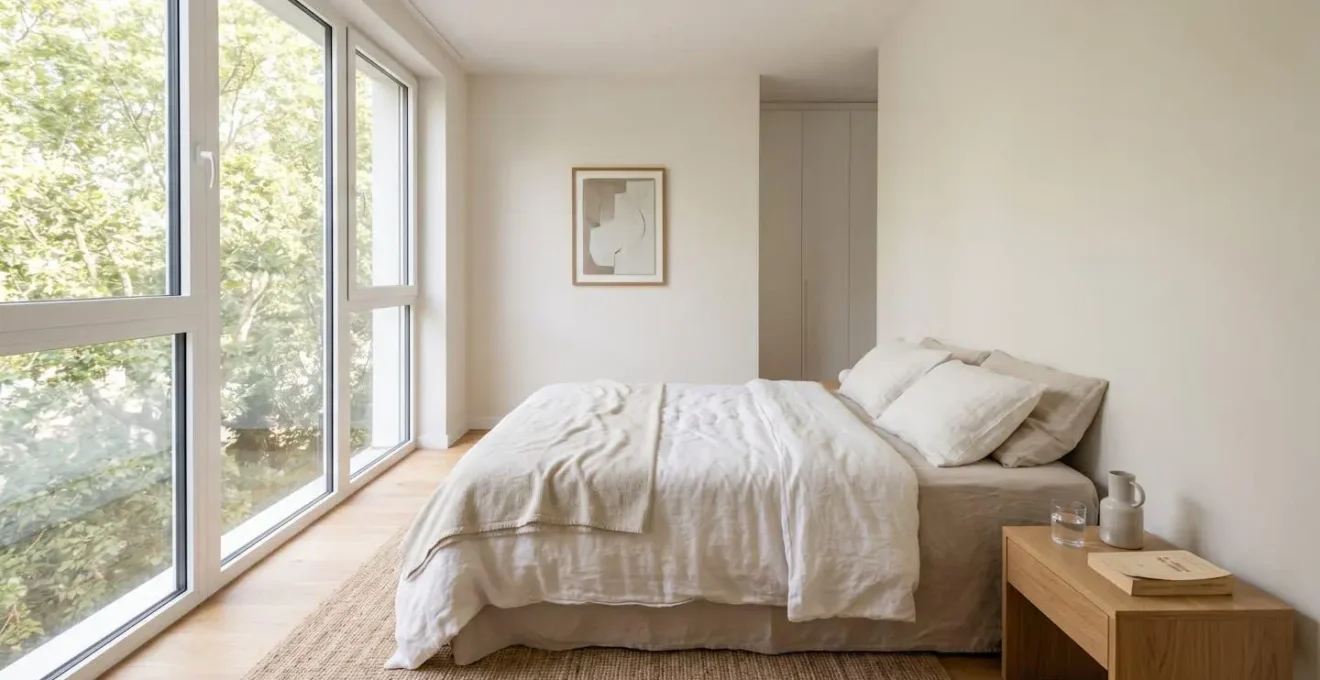 Chambre contemporaine épurée avec grand lit et lumière naturelle douce entrant par la fenêtre, ambiance apaisante aux tons blancs et beiges