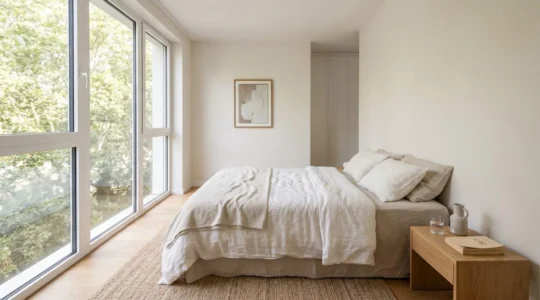 Chambre contemporaine épurée avec grand lit et lumière naturelle douce entrant par la fenêtre, ambiance apaisante aux tons blancs et beiges